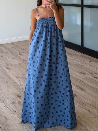 Kaci Polka Dot Maxi Dress | Dusty Blue