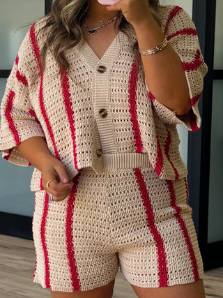 Sun Ray Open Knit Button Top | Red Stripe
