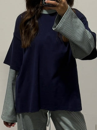 Double Up Oversized Long Sleeve Tee | Navy Lagoon
