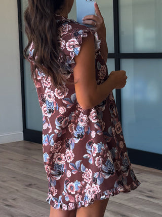 Denim Flutter Dress | Mocha Floral