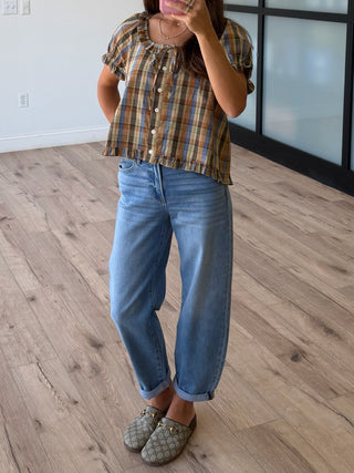 Saddlewood Plaid Puff Sleeve Top