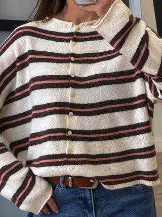 Isla Varsity Stripe Cardigan | Ivory Cocoa