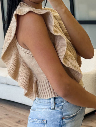 Eve Ruffle Trim Sweater Top | Taupe | FINAL SALE