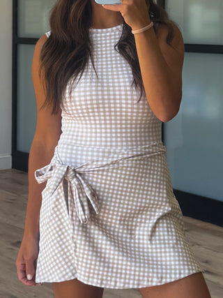 Gingham Active Wrap Romper | Beige | RESTOCK