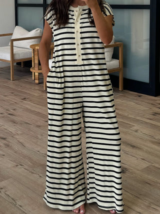 Lia Stripe Jumpsuit | Black/Cream | +Plus Available