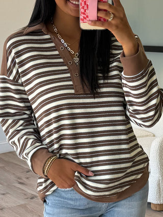 Stevie Striped Polo Sweater | Chocolate | RESTOCK