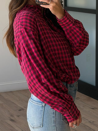 Threaded Grid Button-Down Top | Dark Berry