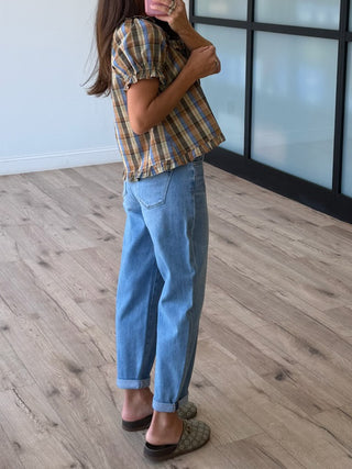 Saddlewood Plaid Puff Sleeve Top