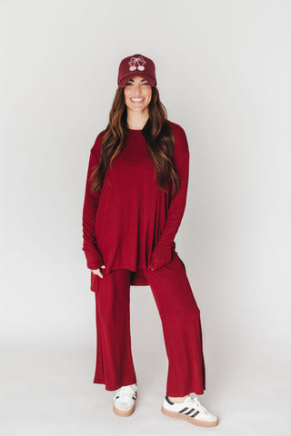 Ally Long Sleeve + Cropped Pants Set | Burgundy | +Plus Available