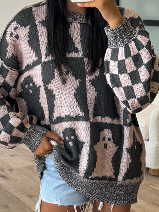 Oversized Checkered Ghost Sweater | Blush/Charcoal