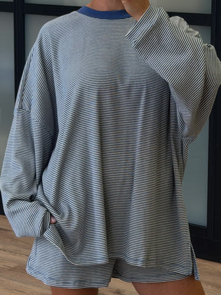 Easy Going Ribbed Stripe Pullover | Denim | +Plus Available