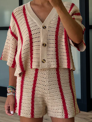 Sun Ray Open Knit Button Top | Red Stripe