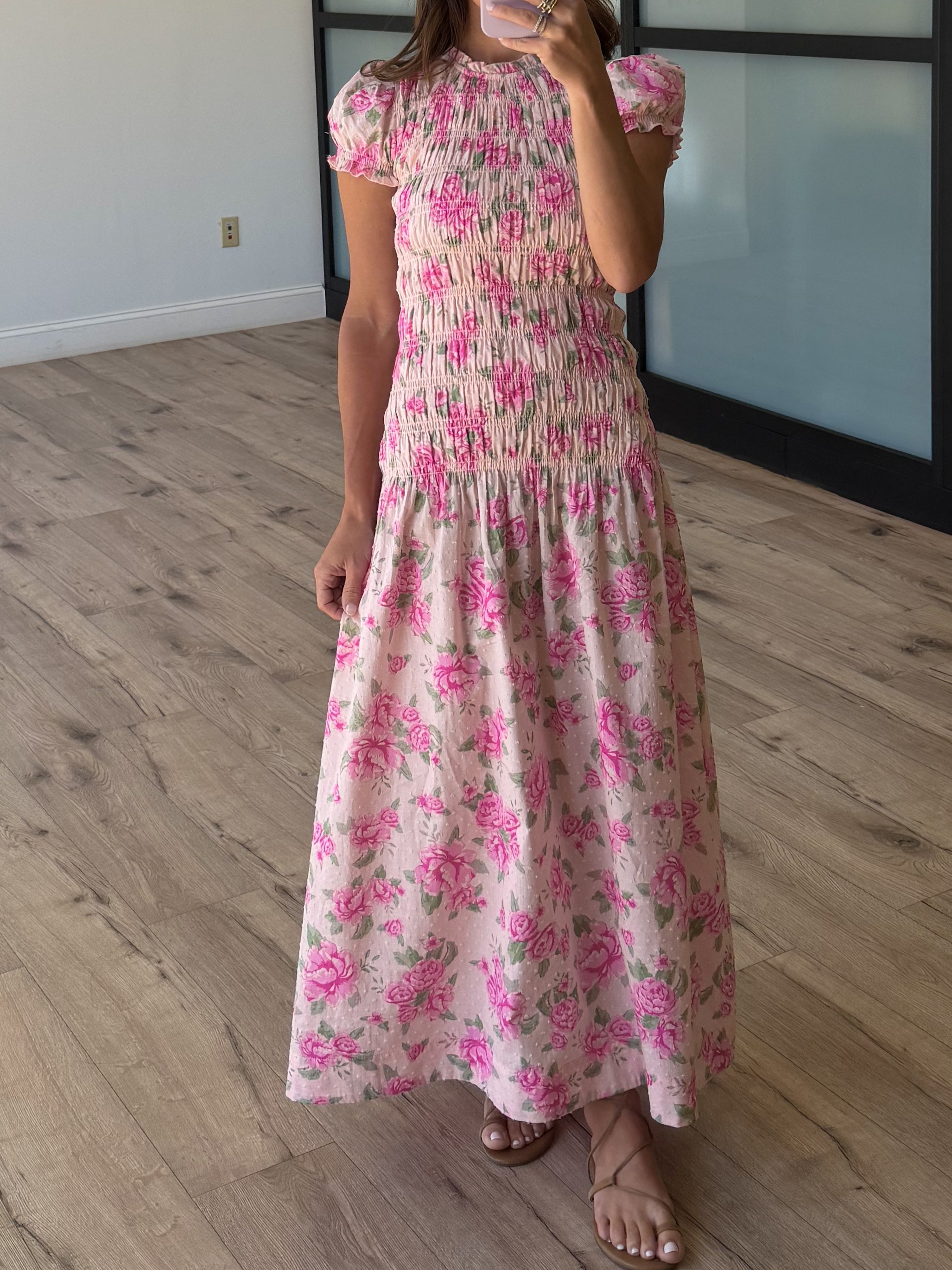 pink smocked maxi dress Cecilia 100% Cotton Smocked Maxi Dress in Pale Pink Foliage