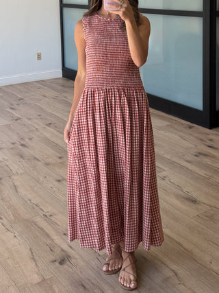 Sweet Tea Gingham Smocked Midi Dress