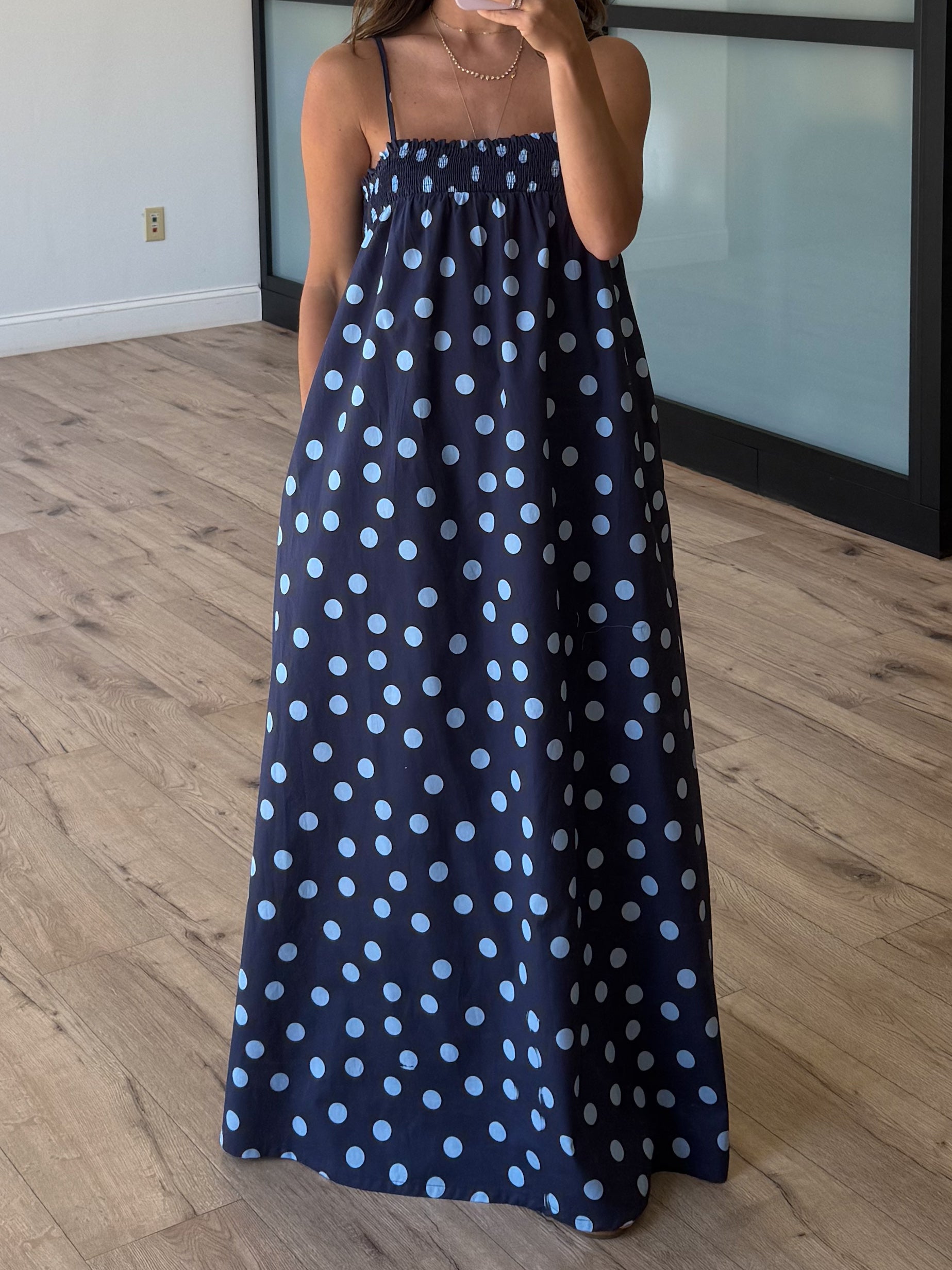 knee length dresses for ladies Navy Blue Polka Dot Long Summer Dress – FancyVestido main image 0