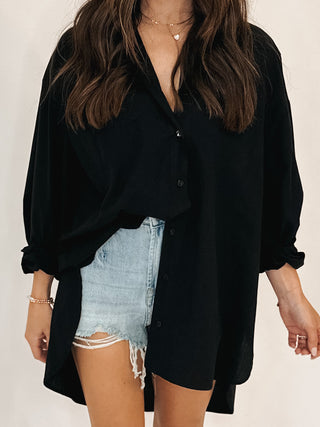 Poplin Cotton Button-Down Shirt | Black | RESTOCK