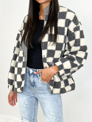 Checked Zip-Up Fleece Jacket | Grey