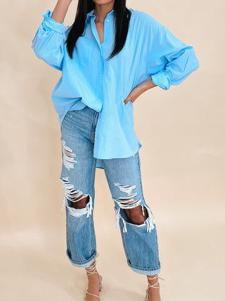 Poplin Cotton Button-Down Shirt | Sky Blue | RESTOCK