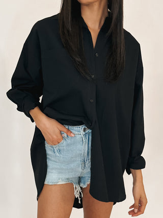 Poplin Cotton Button-Down Shirt | Black | RESTOCK