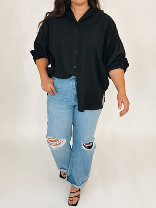 Poplin Cotton Button-Down Shirt | Black | RESTOCK