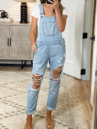 Distressed Boyfriend Overalls | Light Wash