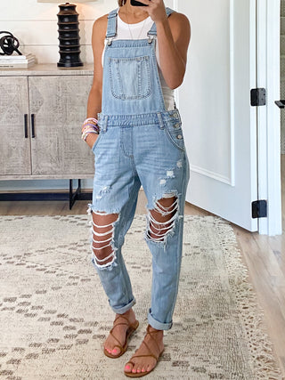 Distressed Boyfriend Overalls | Light Wash