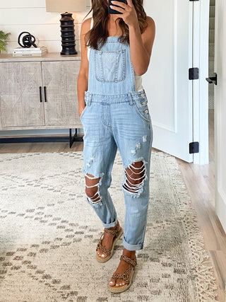 Distressed Boyfriend Overalls | Light Wash