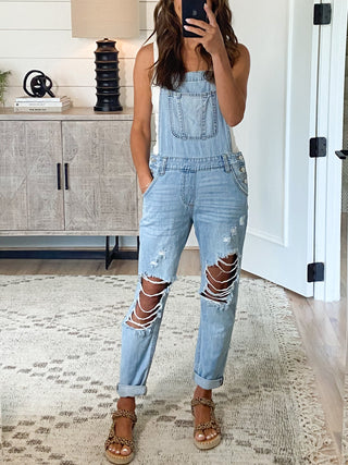 Distressed Boyfriend Overalls | Light Wash