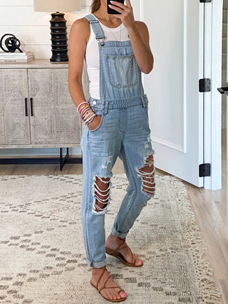 Distressed Boyfriend Overalls | Light Wash